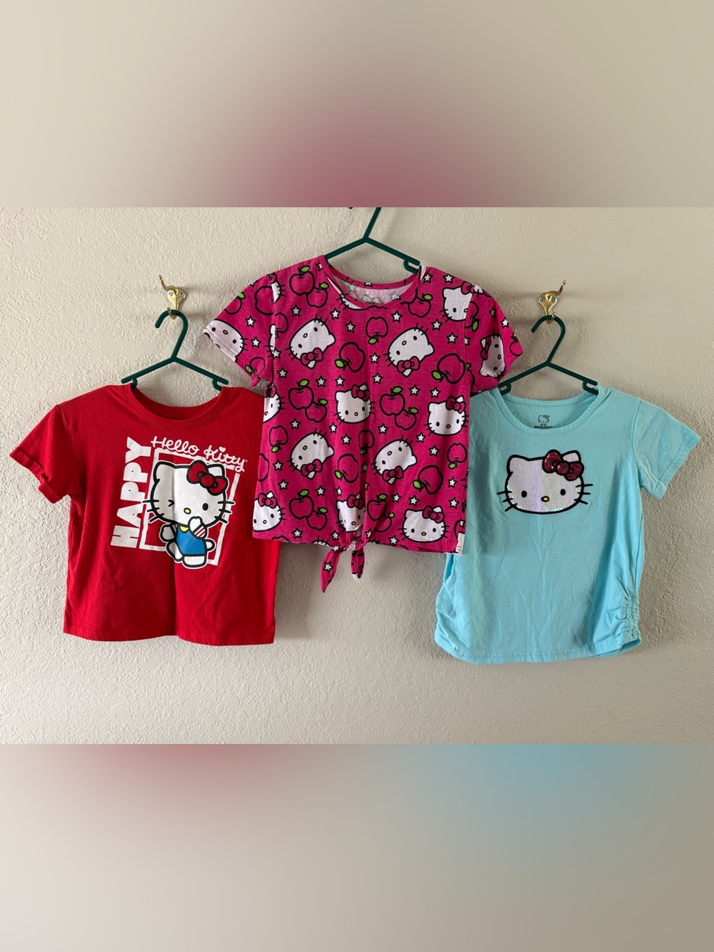 Bundle Of 3 Hello Kitty Girls T-Shirts Size 10 W/ Bonus Plush Ornament VGUC
